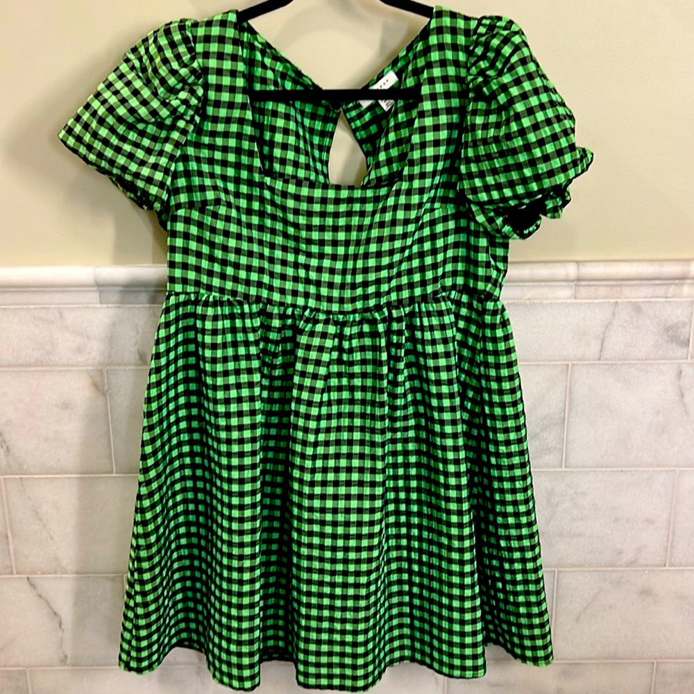 TOPSHOP- Black/Green Gingham Mini Dress Puff sleeves- never worn!